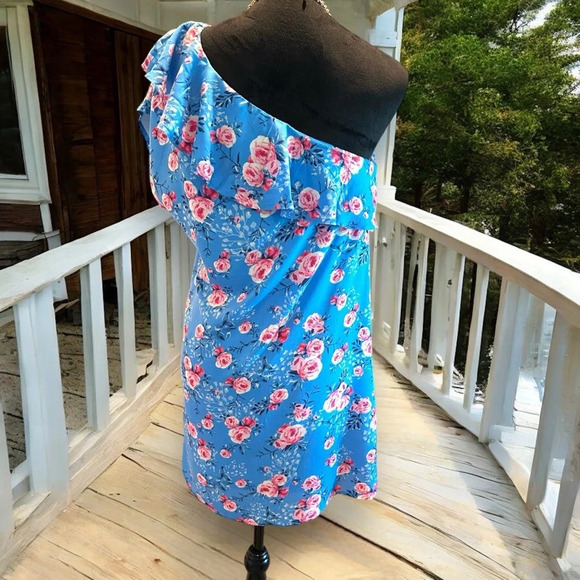 Andree By‎ Unit Floral Ruffle Off Shoulder One Sleeve Dress Blue Pink Sz Small - Picture 2 of 6